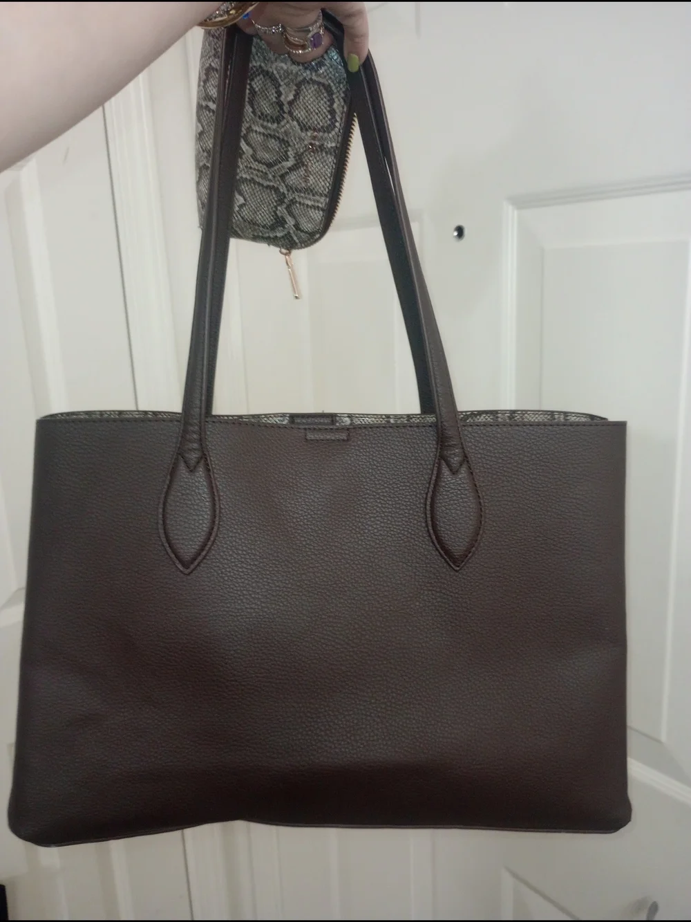 Anne Klein Dark Brown Leather Satchel ,Snakeskin Lined W. Matching Pouch